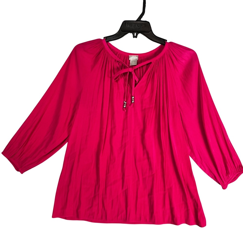 Chicos 1 Fuchsia Pink Pleated Tie Neck Blouse Size 3/4 Sleeve Top size 8 10